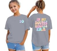 Girls 10th Birthday T-Shirt, Double Digits Celebration Top for Ten Year Old, Soft Cotton Tee with Fun Graphic Design for Party Outfits (Grey, 9-10 Years)
