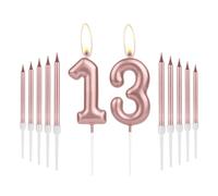 Girls 13th Birthday Decorations - Number 13 Rose Gold Long Candles for Cake Toppers - Perfect for Women's Birthday Parties & 13th Wedding Anniversaries