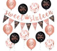 Girls 16th Birthday Decorations Black Rose Gold 16th Birthday Party Decorations Banner Bunting Kit Girls Sweet Sixteen by Sheinly