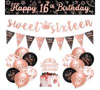 Girls 16th Birthday Decorations Black Rose Gold Sweet Sixteen Decorations 16 Pack Girls Happy 16th Birthday Banner Bunting Kit by Sheinly