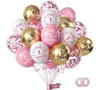 Girls 1st Birthday Balloon Pack of 16Pc,12inch Pink and White Gold Happy 1st Birthday Balloons Printed Latex Party Balloons Decorations for Girls Anniversary Party Supplie