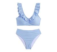 Girls 2 Piece Bikini Set Blue and White Stripes Split Bikini Set Ruffle Swimming Costume Girls Fashion High Waist Bathing Suit Summer Beach Separate Swimwear Holiday Surfing Beachwear (Blue, 16 Years)