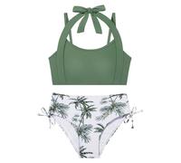 Girls 2 Piece Bikini Sets Halterneck Swimsuit with Drawstring Spaghetti Straps Bathing Suits Swimwear 9-16 Years Green