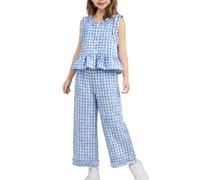 Girls 2 Piece Gingham Outfits Summer Kids Sleeveless Peplum Top And Wide Leg Ruffled Trousers Set Teens Thin Button Top & Breathable Sports Pants Cute Trendy Y2k Shirts
