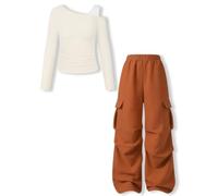Girls 2 Piece Outfits Cargo Trousers Long Sleeve Fall Clothing Set 7-14Y | Soft, Cold Shoulder Tops, Wide-leg Cargo Pants, Girls Trendy Clothes, Tween Girls Outfits for Outdoors, School, Casual wear