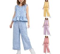 Girls 2 Piece Outfits Summer Gingham Striped Ruffle Sleeveless Button Down T Shirt Top Loose Wide Leg Pants Sets Tween Casual Comfy Beach Vacation Outfits Toddler Cute Clothes Trendy Easter Clothing
