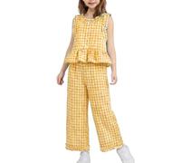 Girls 2 Piece Outfits Summer Gingham Striped Ruffle Sleeveless Button Down T Shirt Top Loose Wide Leg Pants Sets Tween Casual Comfy Beach Vacation Outfits Toddler Cute Clothes Trendy Easter Clothing