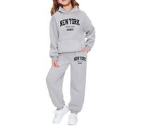Girls 2 Piece Outfits Sweatsuit Set New York Letter Print Pullover Hoodie Sweatshirt Jogger Sweatpants Lounge Sets Light Gray