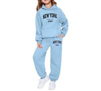 Girls 2 Piece Outfits Sweatsuit Set New York Letter Print Pullover Hoodie Sweatshirt Jogger Sweatpants Lounge Sets Sky Blue