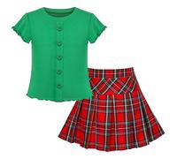 Girls 2 Piece Set Green Skirt T-Shirt Crop Rib-Knit Check Casual Cotton Age 7-8 Years