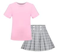 Girls 2 Piece Set Pink T-Shirt Mini Plaid Skirt Rib-Knit Short Sleeve Age 7-8 Years