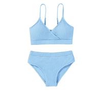 Girl's 2 Piece Swimsuit Solid Spaghetti Ribbed Bikini Sets Crop Top Brazilian High Waisted Beach Bathing Suit Swimwear for Teen Kids 8 9 10 11 12 13 14 Years Blue
