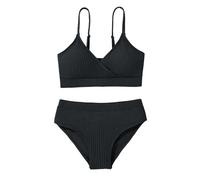 Girl's 2 Piece Swimsuit Solid Spaghetti Ribbed Bikini Sets Crop Top Brazilian High Waisted Beach Bathing Suit Swimwear for Teen Kids 8 9 10 11 12 13 14 Years Black