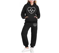 Girls 2 Pieces Full Set Girls Heart Printed Hoodies & Joggers Tracksuit, Oversized Long Sleeve Hooded Activewear Track Suit Jogging Winter Outfits School Black 14-15 Years