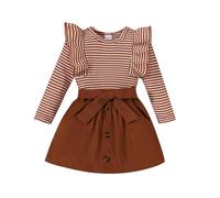 Girls 2 Pieces Outfits Kids Ribbed Ruffle Long Sleeve Round Neckline Sweatshirt High-Waisted Solid Colour A-Line Skirt with Belt Clothes Set Stylish Casual Fall Winter Outdoor (Brown, 3-4 Years)