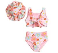 Girls 3 Piece Bikini Set Floral Printed Tropical Swimming Costume with Bow Reversible Bikini Top High Waisted Bottoms and Sunhat Trendy Swimwear for Pool Parties and Summer Vacations Pink
