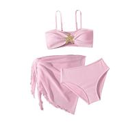 Girls 3 Piece Bikini Set with Sheer Cover Up & Shell Decor Kids Spaghetti Strap Bathing Suit Quick Dry Lace Trim Swimwear for Beach Pool Summer Vacation 12 Years Pink