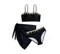 Girls 3 Piece Bikini Set with Sheer Cover Up & Shell Decor Kids Spaghetti Strap Bathing Suit Quick Dry Lace Trim Swimwear for Beach Pool Summer Vacation 12 Years Black