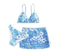 Girls 3 Piece Set Floral Bikini Swimsuit Cute Bathing Suit with Ruched Drawstring Beach Skirt Cover Up Teen Girls Swimwear Flower Print Bikini Tops Underpants Ruffles Skirt (Blue, 12-15 Years)