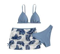 Girls 3 Piece Swimsuits Triangle High Waist Bathing Suit Teens Tropical Print Bikini Set with Mesh Skirt Spaghetti Strap Beach Swimwear (Blue, 14-16 Years)
