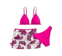 Girls 3 Piece Swimsuits Triangle High Waist Bathing Suit Teens Tropical Print Bikini Set with Mesh Skirt Spaghetti Strap Beach Swimwear (Hot Pink, 9-12 Years)