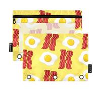 Girls 3 Ring Binder Pencil Pouch Pen Pencil Bag Zipper Binder Floral School Binders Clear Pockets Illustrated Bacon Eggs Yellow 9.8" x 7.1", 2 Packs