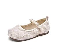 Girls 3D Rose Lace Mesh Mary Jane Flats Pearl Decor Hook & Loop Strap Soft Sole Breathable Princess Shoes for Spring Summer Wedding Party Dance Daily Wear 2-12Y