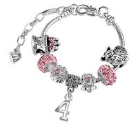 Girls 4th Birthday Sparkly Pink Crystal and Silver Plated Adjustable Celebration Charm Bracelet with Gift Box Age 4
