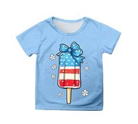 Girls 4th of July Tshirt Patriotic Flag Print Short Sleeve Tee Casual Comfortable Top for Toddler Kids Independence Day Outfit (Sky Blue-g, 4-5 Years)