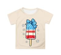 Girls 4th of July Tshirt Patriotic Flag Print Short Sleeve Tee Casual Comfortable Top for Toddler Kids Independence Day Outfit (Light Yellow-g, 12-13 Years)