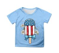 Girls 4th of July Tshirt Short Sleeve Tee with Patriotic Print Casual Comfortable Top for Toddler Kids 3-13 Years (Sky Blue-i, 10-11 Years)