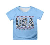 Girls 4th of July Tshirt Short Sleeve Top Patriotic Independence Day Tee with Flag Print Casual Comfortable Blouse for Toddler Kids 3-13 Years (Sky Blue-f, 10-11 Years)