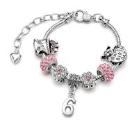 Girls 6th Birthday Sparkly Pink Crystal and Silver Plated Adjustable Celebration Charm Bracelet with Gift Box Age 6