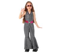 Girls 70s 80s Hippie Disco Costumes Shiny Sequins Character Roleplay Jumpsuit for Stage Party First Impressions Baby Girl Romper (Black, 12-14 Years)