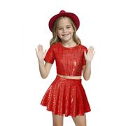Girls 70s80s Disco Costume,Halloween Kids Metallic Skirt Shiny Sparkle Party Costume, Pop King Dance Star Red Sequin Disco Outfit, MJ Dance Fancy Dress
