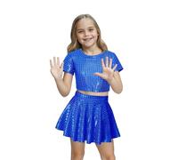 Girls 70s80s Disco Costume,Halloween Kids Metallic Skirt Shiny Sparkle Party Costume, Pop King Dance Star Blue Sequin Disco Outfit, MJ Dance Fancy Dress