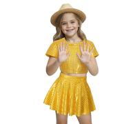 Girls 70s80s Disco Costume,Halloween Kids Metallic Skirt Shiny Sparkle Party Costume, Pop King Dance Star Yellow Sequin Disco Outfit, MJ Dance Fancy Dress