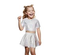 Girls 70s80s Disco Costume,Halloween Kids Metallic Skirt Shiny Sparkle Party Costume, Pop King Dance Star Silvery Sequin Disco Outfit, MJ Dance Fancy Dress