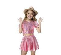 Girls 70s80s Disco Costume,Halloween Kids Metallic Skirt Shiny Sparkle Party Costume, Rose Pop King Dance superstar MJ Sequin Disco Outfit Fancy Dress