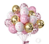 Girls 9th Birthday Balloons - Pack of 16, 12in Pink & White Gold Happy 9th Birthday Numbers Balloons for Party Decorations