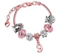 Girls 9th Birthday Sparkly Pink Crystal and Rose Gold Plated Adjustable Celebration Charm Bracelet with Gift Box 9th Birthday Presents 9th Birthday Gifts for Girls Age 9 Girls Gifts