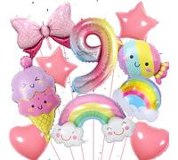 Girls 9th Rainbow Birthday Decorations - 10 Pieces Rainbow Party Decor, Star Love Heart Balloons, Cute Ice Cream, Candy Smiley, Pink Bow, Gradient Number 9 Foil Balloons for Girls 9th Birthday Decor