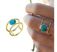 Girls accessories Natural Turquoise Gold Ring,18k Yellow Gold Plated Vintage Natural Blue Turquoises Rings for Women Antique SilverColor Titanium Double Layer Girl Finger Ring Jewelry (A,10) Birthday