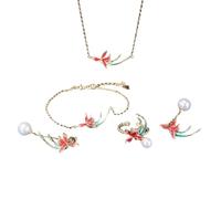 Girls accessories Vintage S925 Necklace for Women Clavicle Chain Bracelet Ring Earrings Golden Orchid Four Piece Set Handmade Classical Hanfu Jewelry Birthday Gift