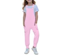 Girls Adjustable Strap Dungarees Solid Baggy Straight Overalls Clothes with Pockets Teen Kids Summer Lightweight Sleeveless Jumpsuits Casual Outfits (Pink, 13-14 Years)
