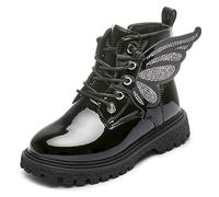 Girls Ankle Boots Butterfly Wings Diamante PU Leather Booties Girl Child Zip Fashion School Boots Size 7.5Child-2 UK (1,Black,Big Kid)