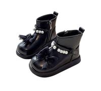 Girls' Ankle Boots Faux Leather Booties, Stylish Pearls Walking Shoes Pull On Round Toe Chunky Heels Boots Bow Side Zipper School Shoes Winter Fall Footwear