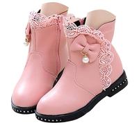 Girls Ankle Boots for Kids, Faux Leather Zip-Side Boots with Lace Trim, Large Bow & Pearl Charm, Studded Sole, Fashion Party School Casual Winter Boots for Girls (UK Sizes) Pink