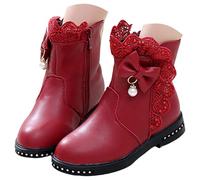 Girls' Ankle Boots for Kids, PU Leather Lace Trim Bow & Pearl Charm Side Zip Short Boots, Children's Princess Party Dress Boots with Studded Sole, Toddler/Girls Fashion Winter Casual Footwear