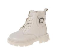 Girls Ankle Boots Round Toe Riding School Boot with Buckle Winter Lace Up Booties Side Zipper Walking Shoes Warm Chunky Heels Round Toe Casual Footwear White Size UK 9
